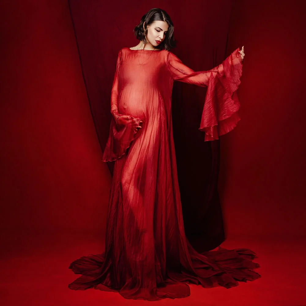 Simple Style Long Sleeve Soft Tulle Dress Clothes For Pregnant Women Floor Length Long Tail Dress Maternity Photo Shoot Dresses
