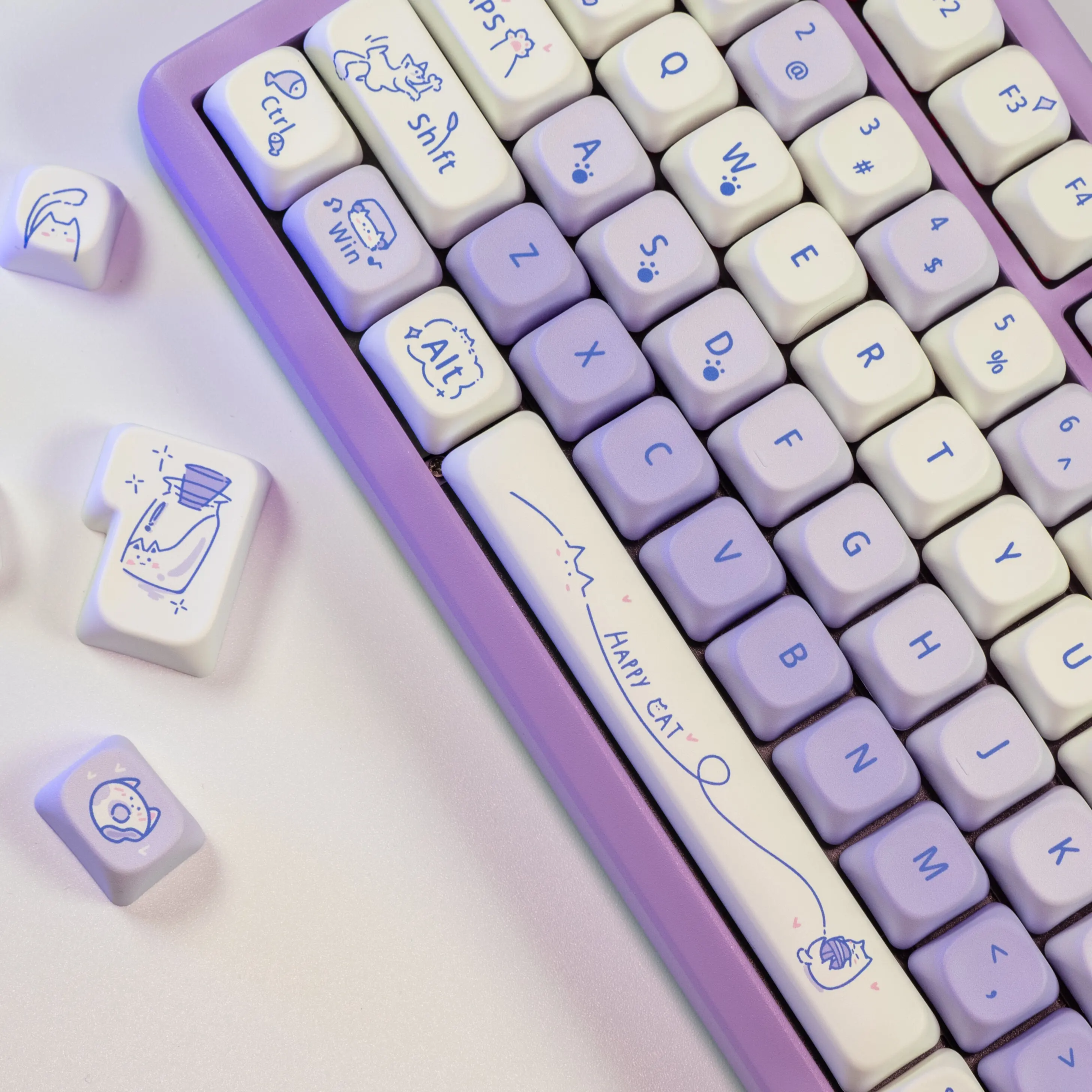 CAPWAYI Taro Cat Artisan Keycaps 130 toetsen PBT-set, MOA-profiel 5-zijdige Dye-Sub paars wit thema met metalen visgraatcadeau voor MX