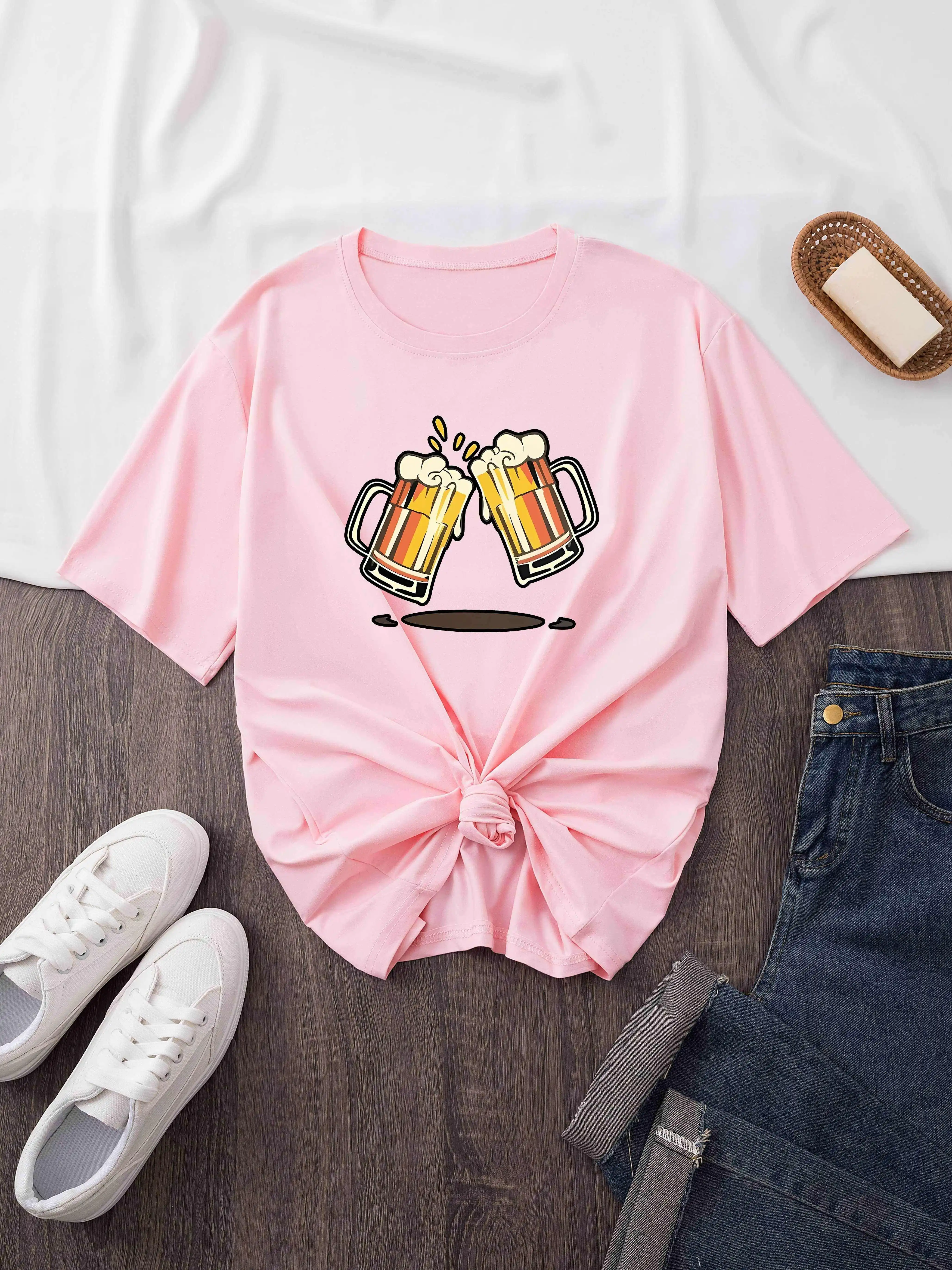 

Женская повседневная футболка с коротким рукавом и круглым вырезом, мягкая розовая пивная кружка, графический принт, Harajuku, повседневная эстетичная одежда с короткими рукавами