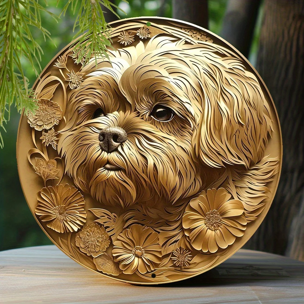 

Faux Foil Stamping Papercut Art Painting Round Wreath Decorative Sign Living Room Decor Girls Gifts Shih Tzu Theme Decoration