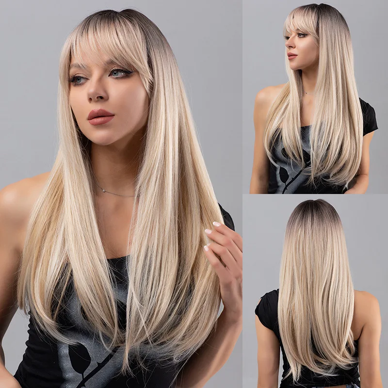 

Long straight synthetic fiber heat-resistant wig with bangs for daily and party use
