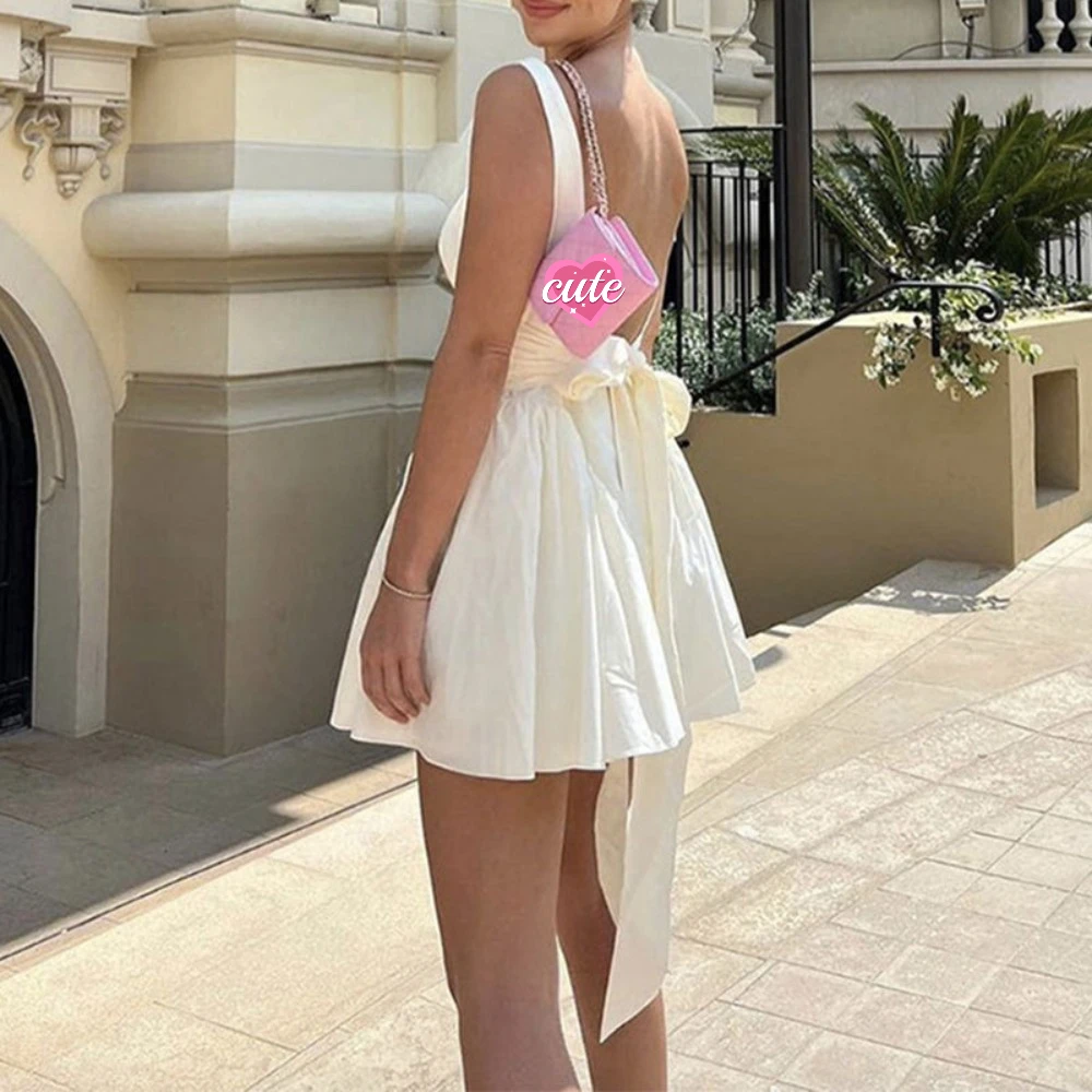 Streetwear Square Neck Camisole Dress Patchwork Bow Ribbon Mini Dress Solid Color Open Back Short Dress Club