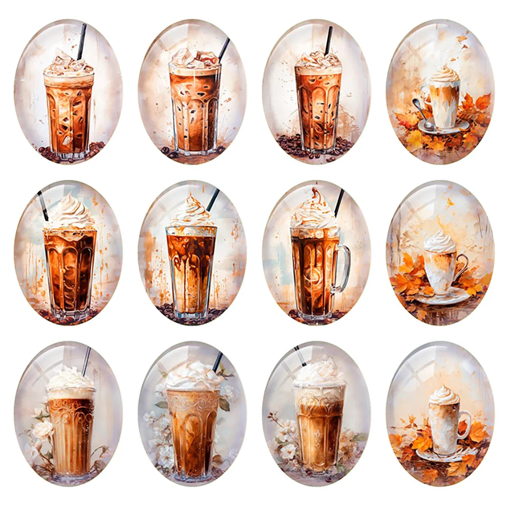 

10pcs/lot Autumn Fall Coffee Ice Cream Milk Tea Oval Photo Glass Cabochon Flatback Demo Cameo Diy Jewelry Making