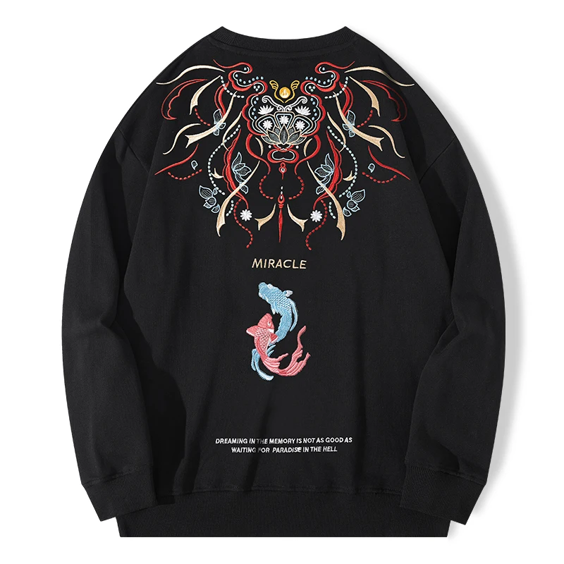 Embroidered Brocade Carp Sweatshirt For Men Oversized Loose Fit Autumn Quality Cotton Fashion Casual High-End Pullover Sudaderas