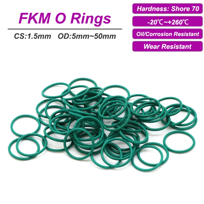 

10/50pcs FKM O Ring Seal Gasket CS 1.5mm OD5~50mm Oil Resistant Acid Alkali Resistant O-Ring Fluororubber Rubber Sealing Gasket