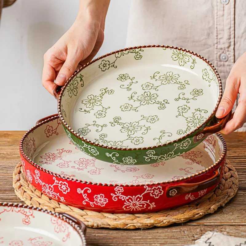 Cherry Blossom Bakery Plate Hand-painted Ceramic Tableware, Cheese Baked plate, Oven Special Pizza Plates,  ceramic plates