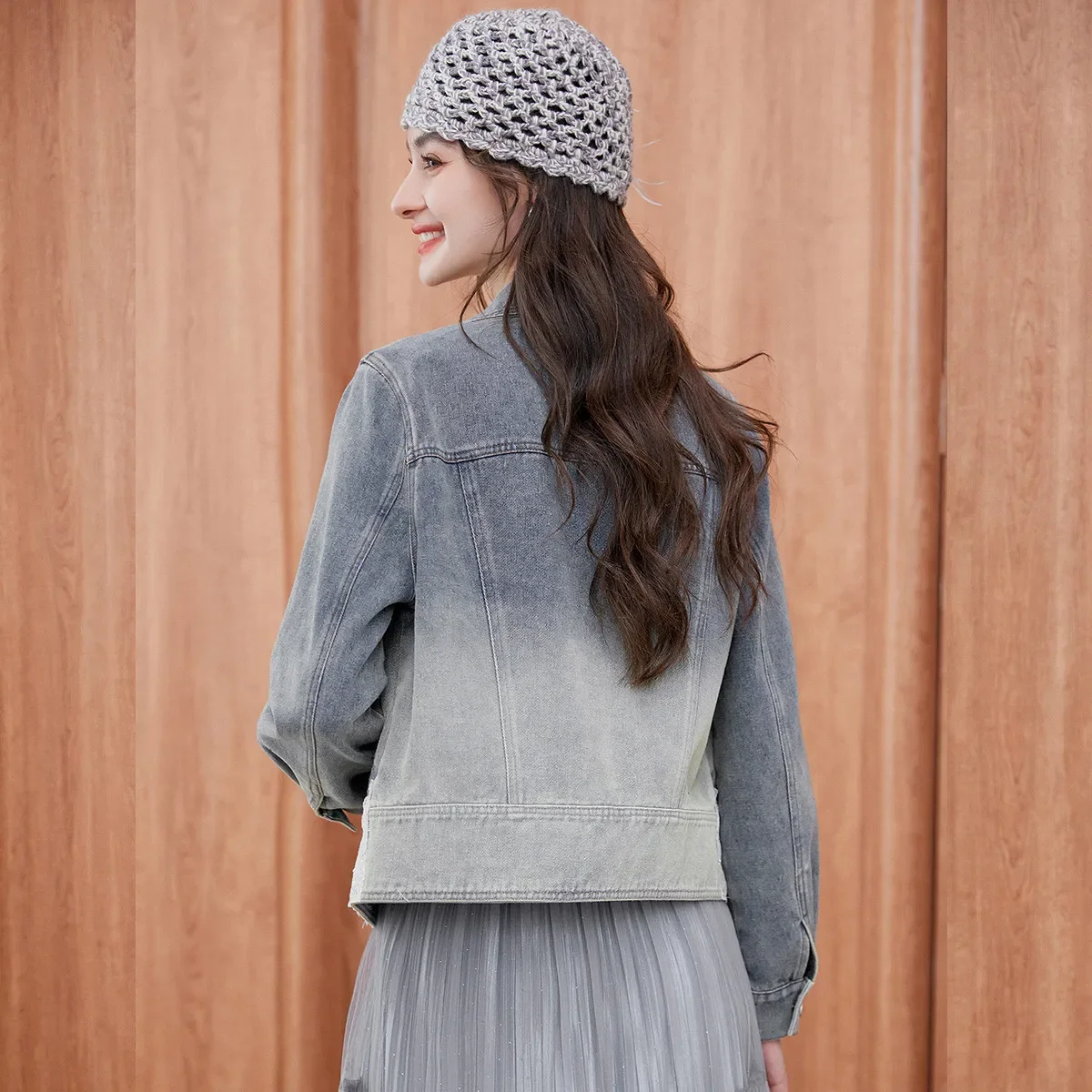 LOUIS YAO Women's Denim Jacket 2025 Autumn Coat Casual Straight-shoulder Sleeves Lace-trimmed Collar Women's Cardigan