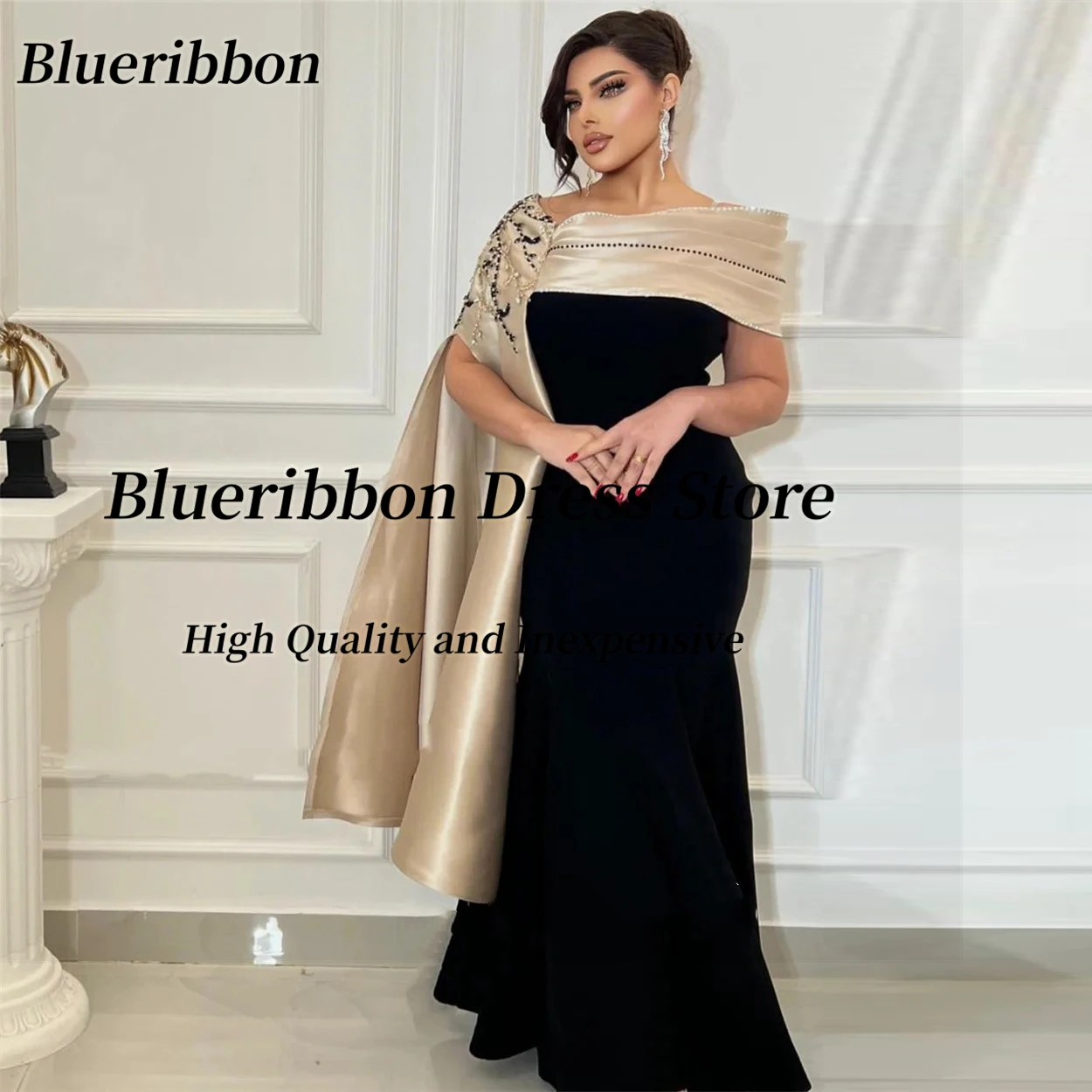 Blueribbon Black Prom Dresses Contrast Color Beading Ruched Neckline Evening Gowns Customized Party Saudi Arabia Women Vestidos