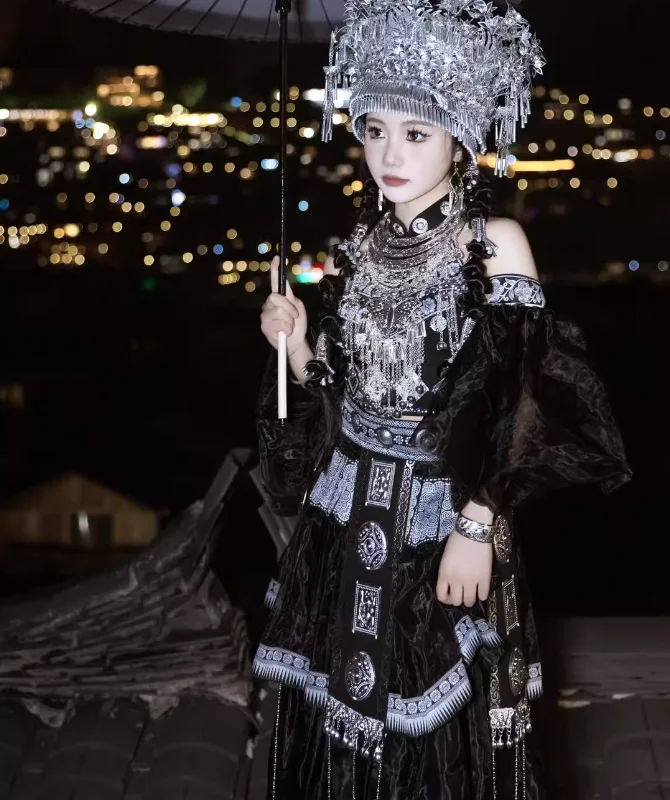 Chinese hmong Ethnic  Women's Black Long Stage Performance Costume