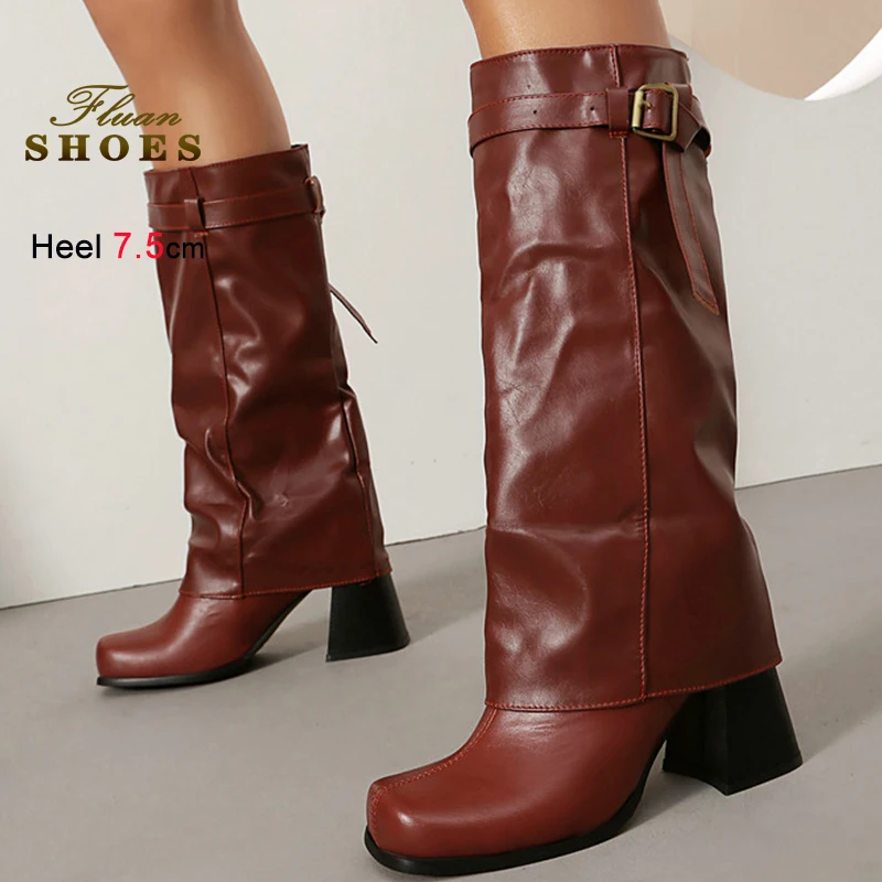 

2025 Новые осенне-зимние женские рыцарские сапоги винно-красного цвета, сапоги до колена с пряжкой на ремне, круглый носок, толстые каблуки, длинные сапоги 7,5 см, размер 43