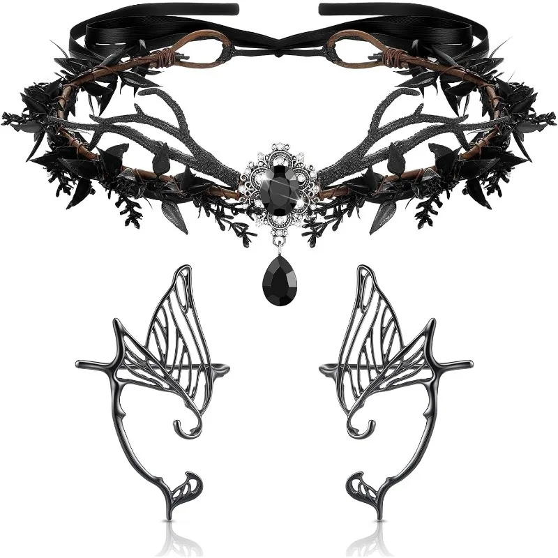 Halloween Fairy Leaf Headband & Elf Ear Cuffs Set – Gothic Crown Cosplay Accessory for Women, Wedding Prom Fantasy Costume