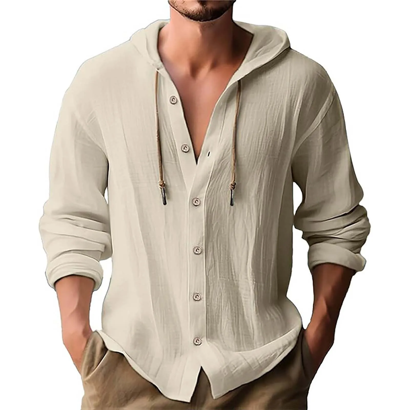 Men's Solid Color Casual Long Sleeved Shirt With Hood And Drawstring Cotton And Linen Cardigan Fashionable Daily Versatile Top