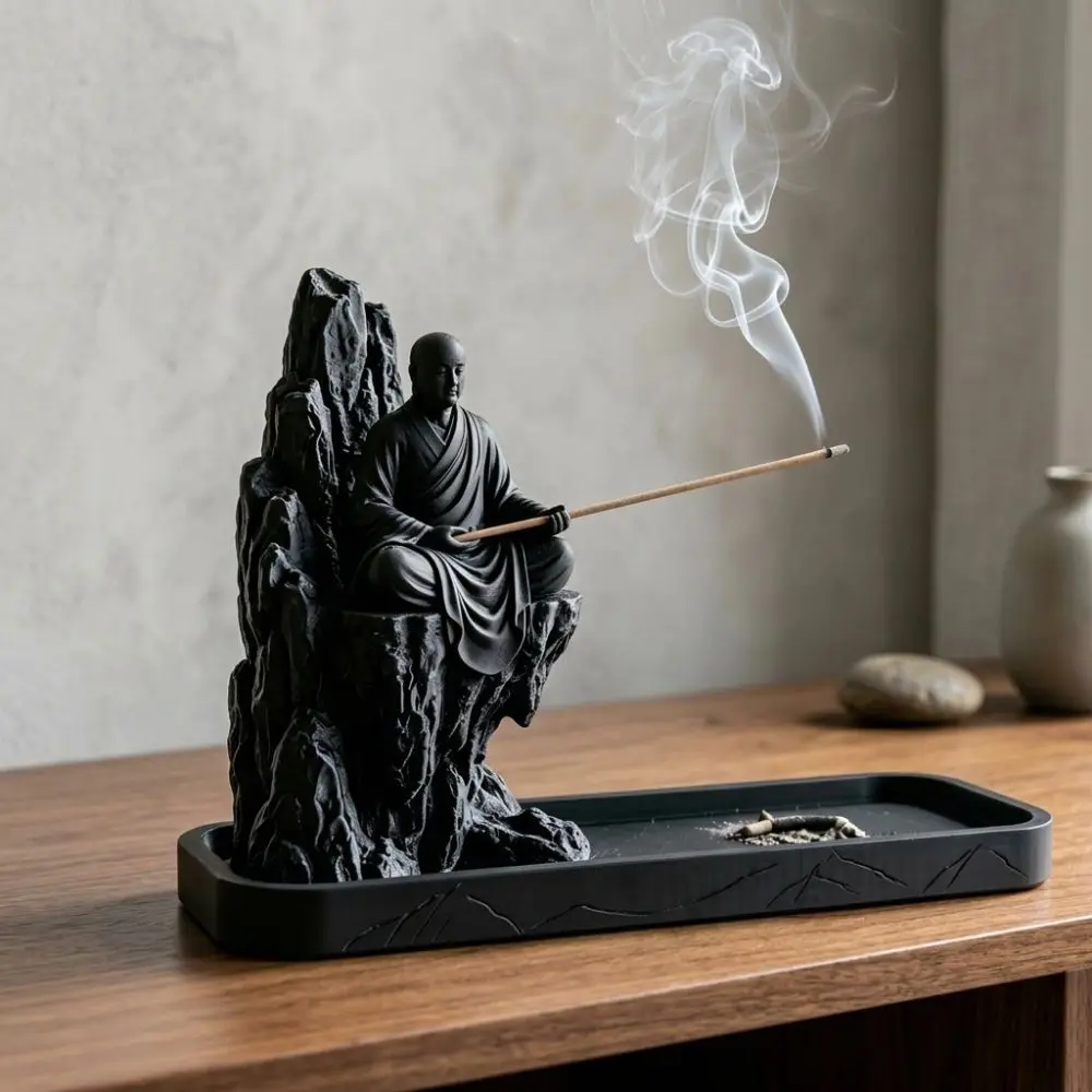 3D Printed Zen Monk Stick Incense Holder Mountain Cliff Ash-Catching Monk Figurine Censer Simulated Plastic