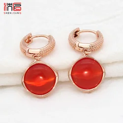 SHENJIANG New Fashion 585 Rose Gold Color Round Cat's Eye Opals Dangle Earrings For Women Wedding Elegant Jewelry Eardrop