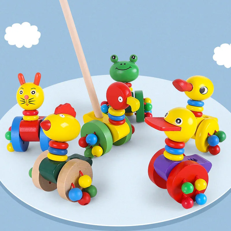 Baby Learning Walking Toys Wooden Animal Trolley Push Rod Cartoon Roller Cart Balance Coordination Exercise Kids Preschool Toys