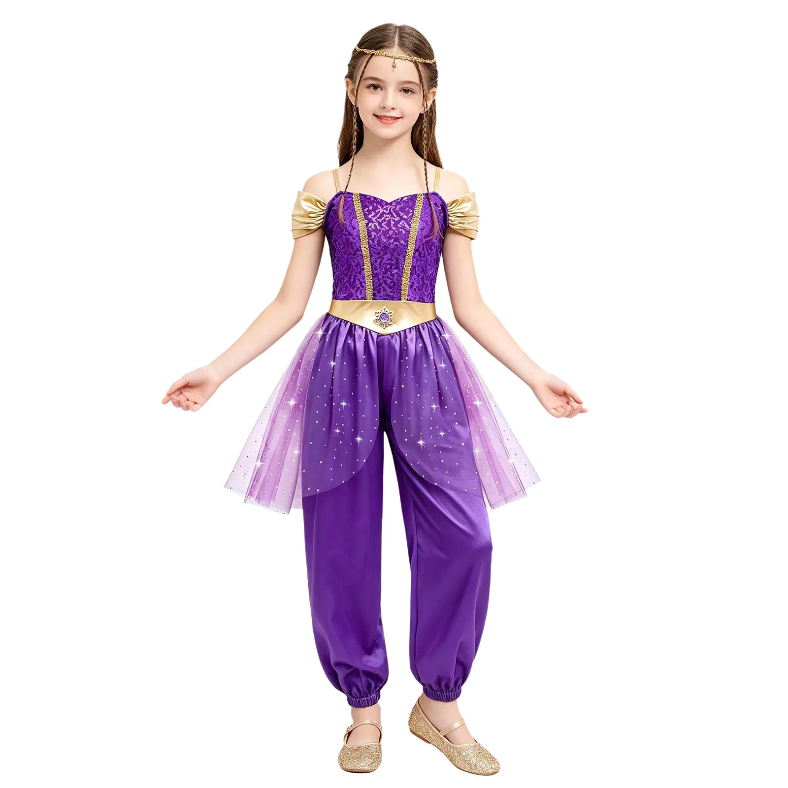 Kids Girls Halloween Arabian Princess Jumpsuit Shiny Sequin Tulle Overlay Belly Dance Bodysuit for Theme Party Carnival Dress Up