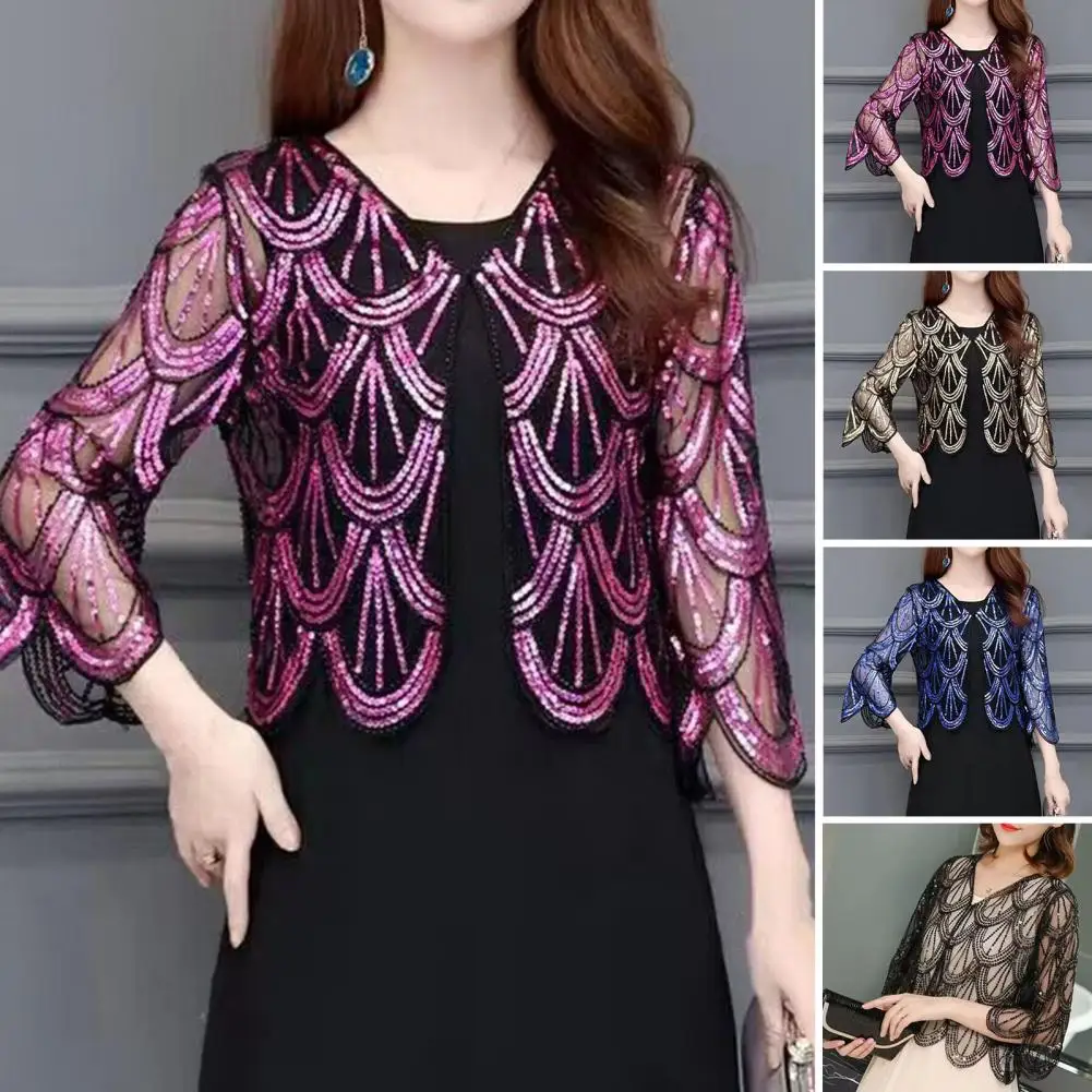 Mesh Sequin Shawl Elegant Women's Sequin Mesh Cardigan with Half Sleeves V Neck Symmetric Design for Prom Formal Occasions