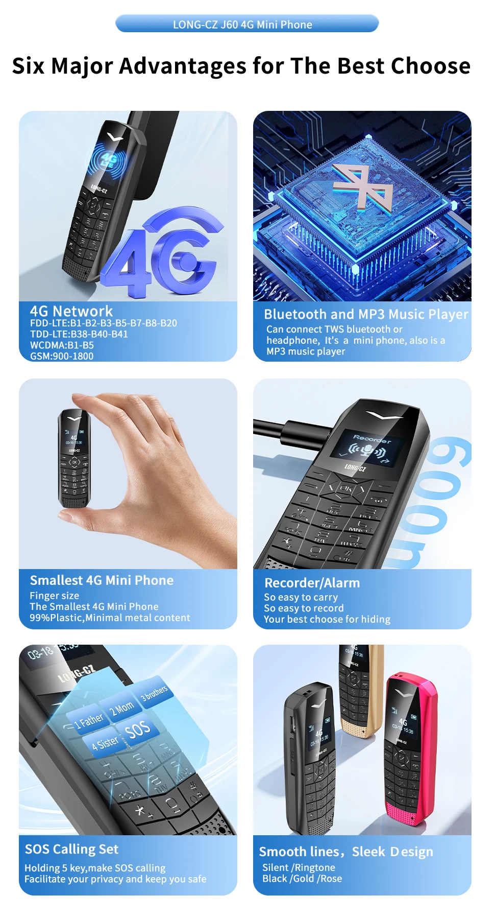 Super Mini Phone J60 4G Network Mobile Phone Wireless Bluetooth Keyboard Pocket Cellphone Alarm Clock SOS MP3 Player Recorder