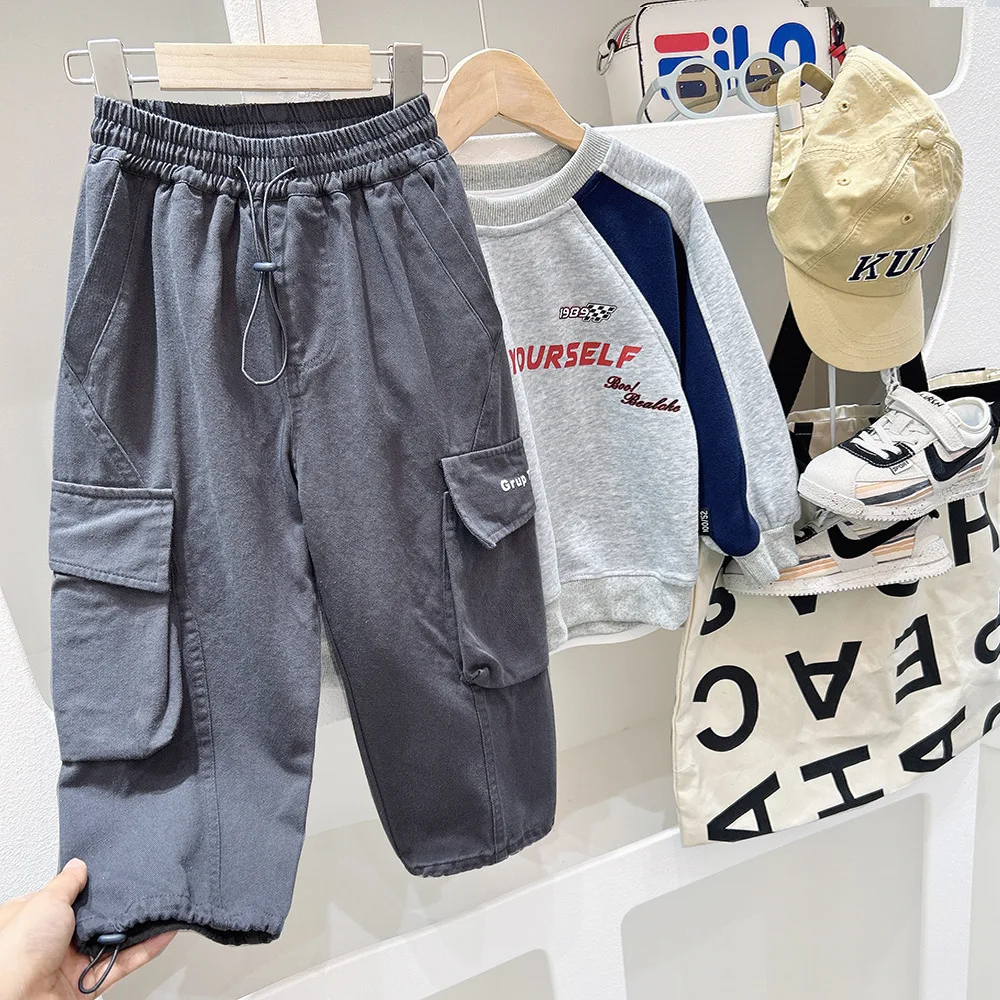 2024 Students Boys Cargo Pants Spring Autumn Drawstring Solid Pockets Kid Boys Trousers Casual Letter Children Boys Jogger Pants