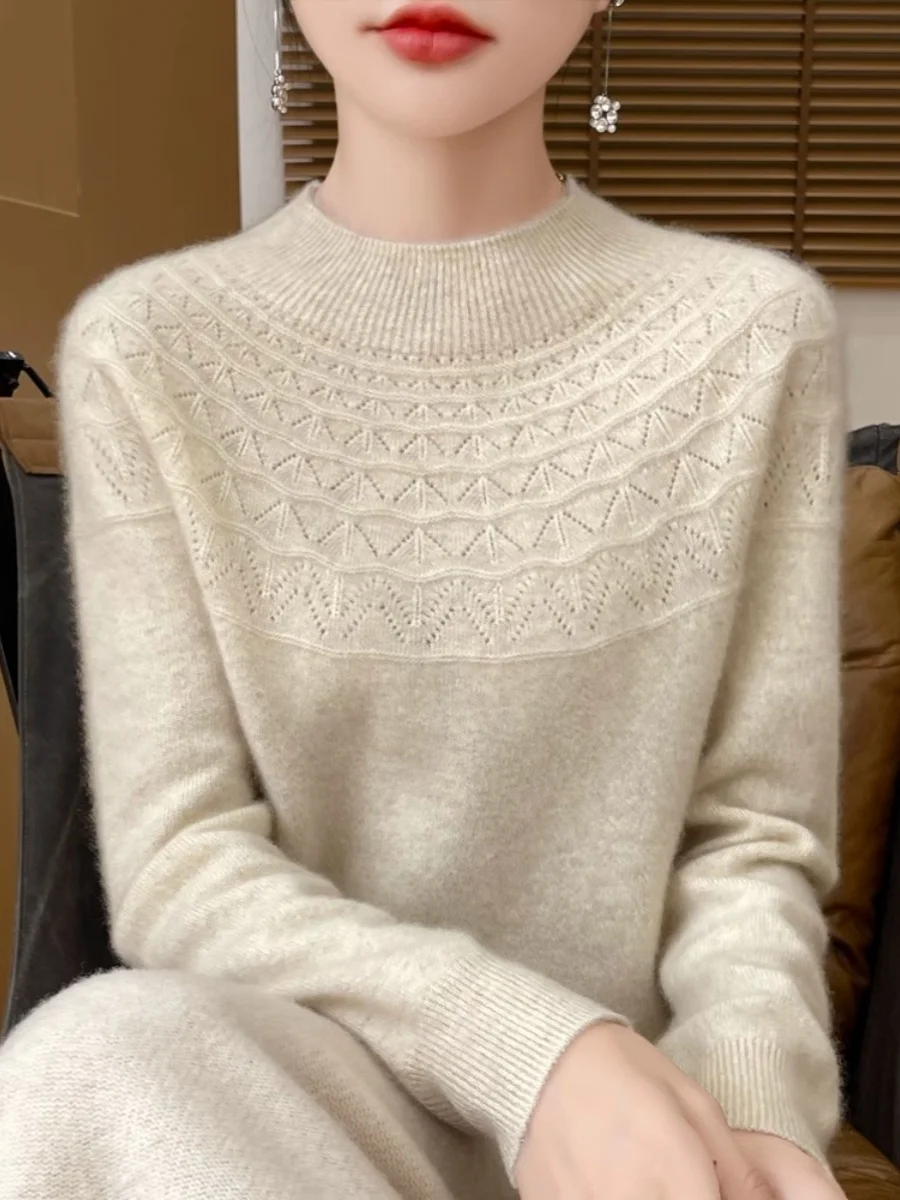 

Весенний женский шерстяной свитер с высоким воротником, свободный крой, базовая трикотажная кофта для повседневной носки