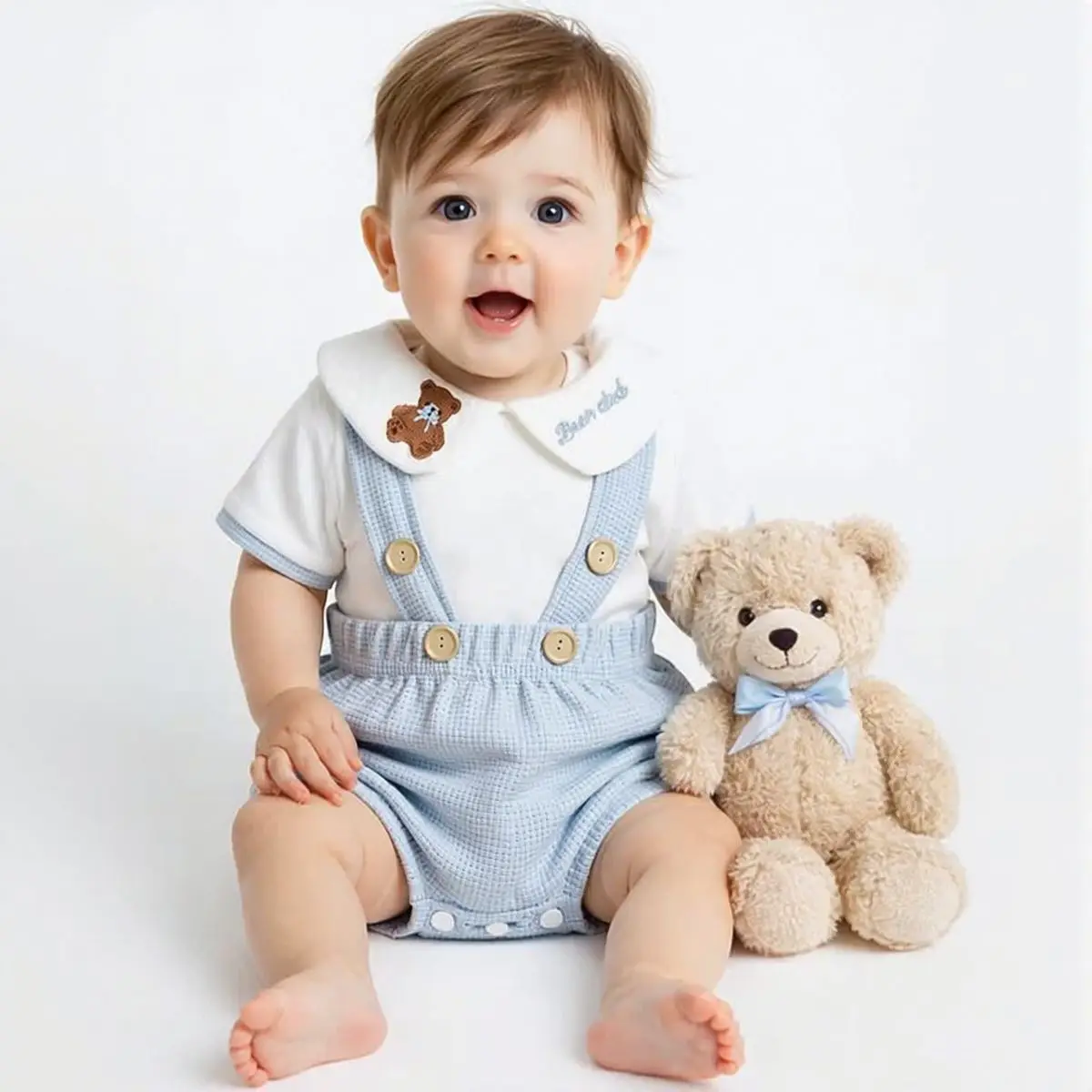 Zweiteiliges Sommer-Baby-Set für Jungen mit besticktem Bärenmuster, T-Shirt mit Slip, Kurzarm-Revers-Overall, geeignet für 0-18 Monate – Detail 5