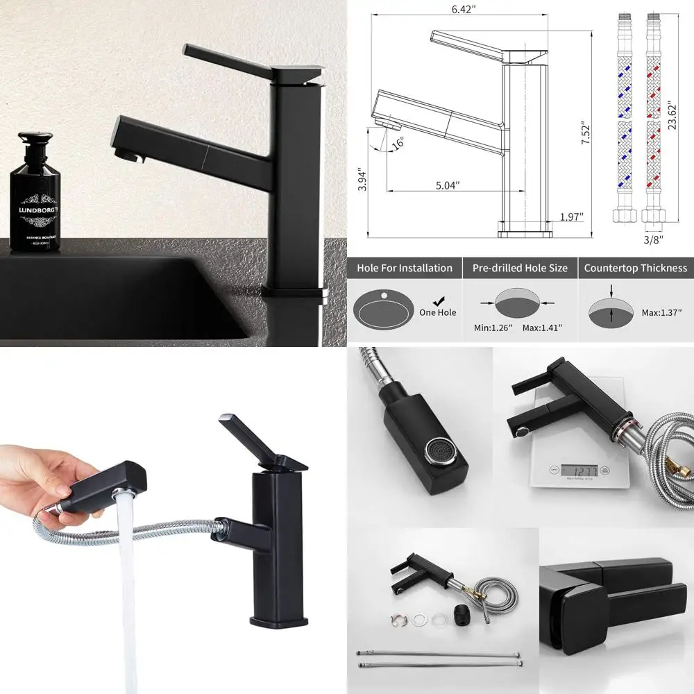 

Single Handle Pull-Out Spray Kitchen Mixer Tap, Black, Hot/Cold Water, Rotating Spout