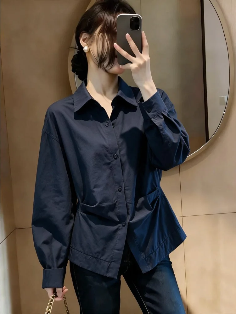 Stylish Short Collared Shirt for Women with Pleated Hem Design Commute Friendly Fashionable Top Girls Premium Quality Blouse