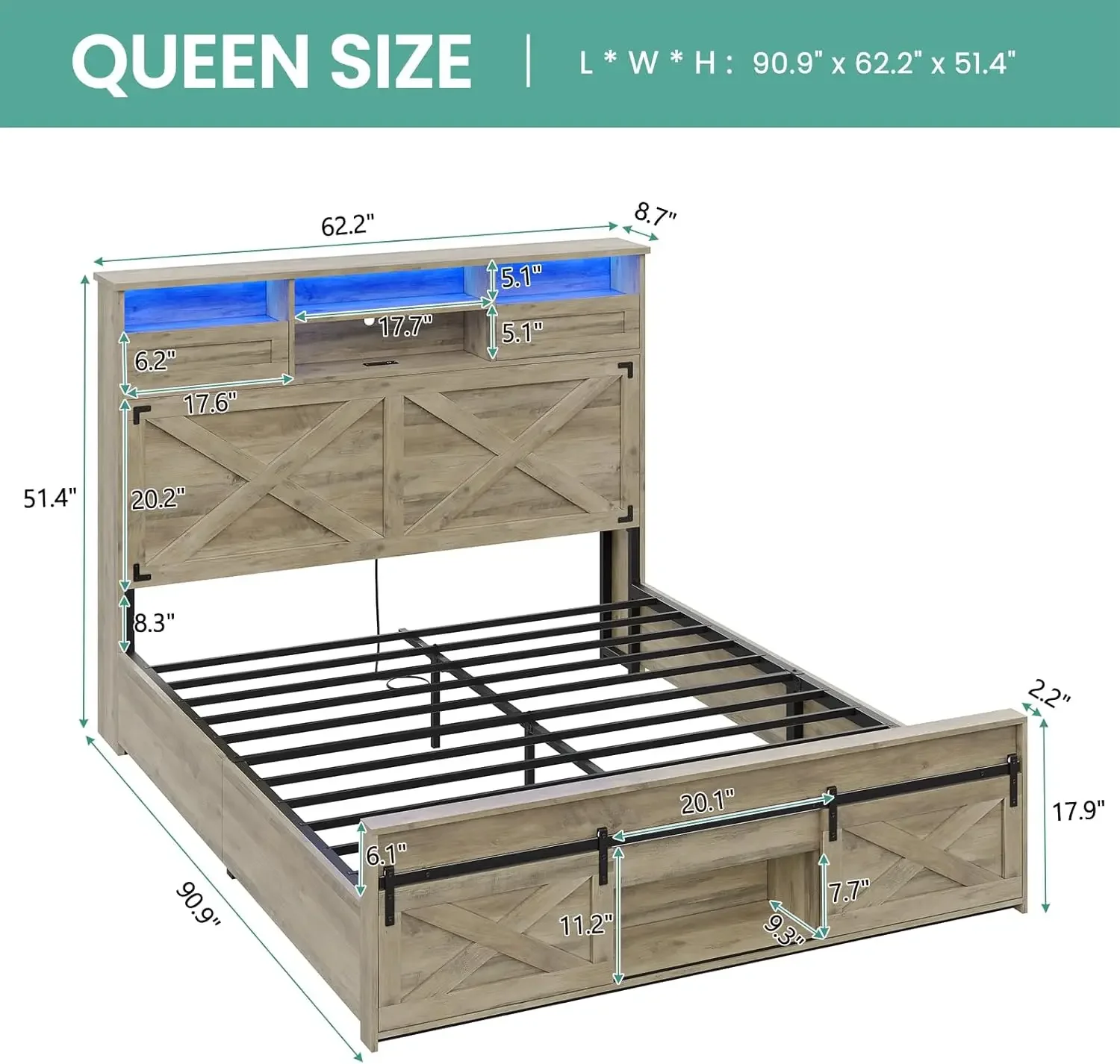 Farmhouse Bed Frame Queen Size with LED Lights and Charging Station, 51.4