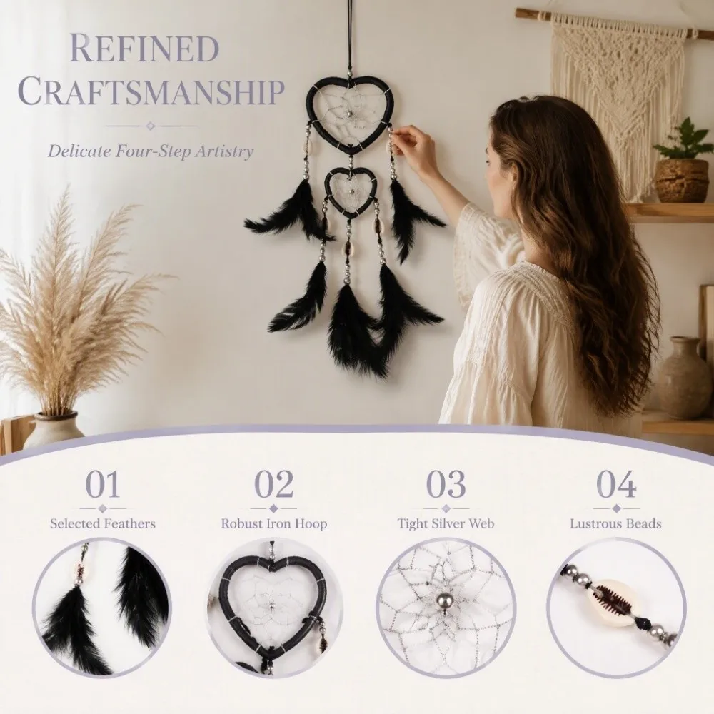 15.75inch Dream Catcher Wall Decor Heart-Shaped Boho Aesthetic Handmade Dream Catcher Black Net Craft Dream Catcher Ornament