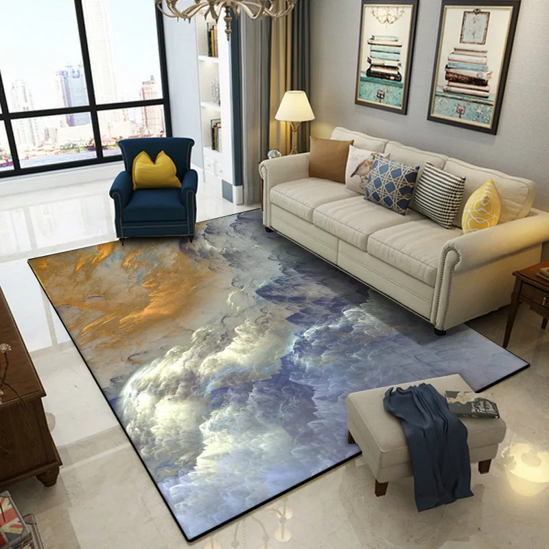 

3D Abstract Gorgeous Clouds Blue Gold White Bedroom Living Room Crystal Velvet Floor Mat Carpet Living Room Decoration POD