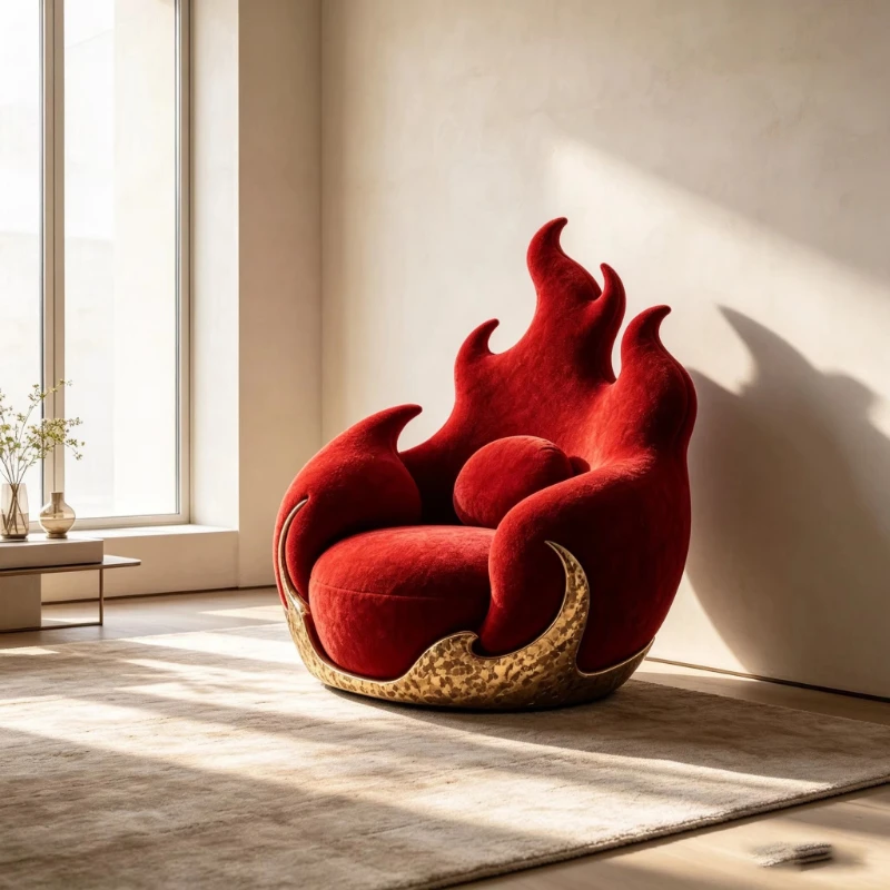 Hammer gold color flame-shaped decorative chair, dark red velvet interior, integrated fiberglass frame