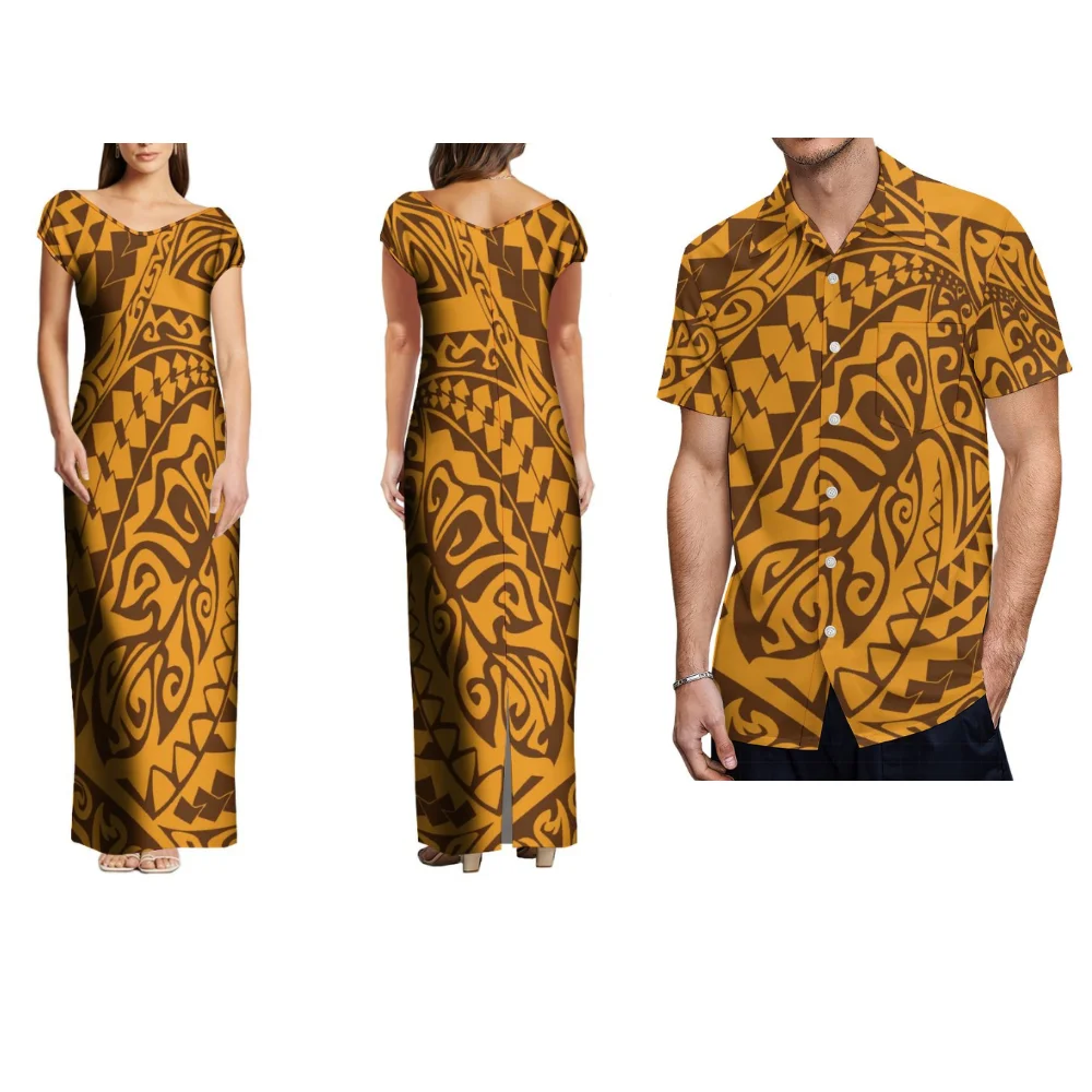 Polynesian Tribal Retro Summer Short-Sleeved V-Neck Women'S Dress Loose Long Dress Men'S Shirt Custom-Made Couple Set