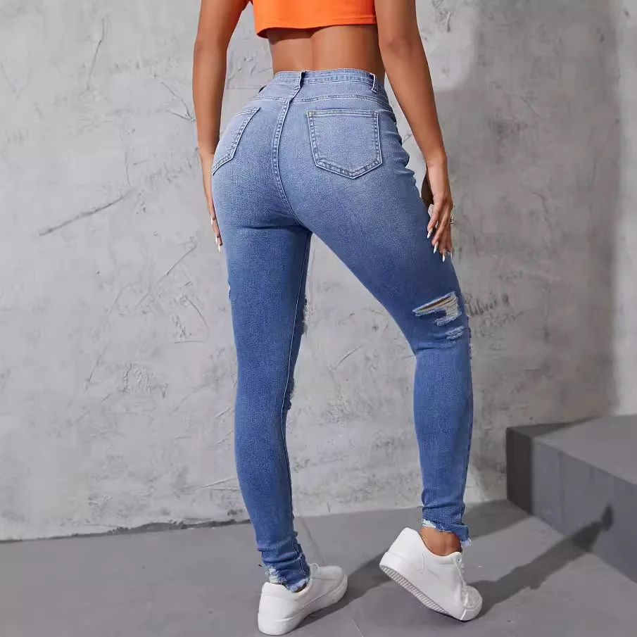 Washed Ripped Skinny Jeans Women's Spring and Fall New Fashion Street High-waisted Jeans Casual Small Leg Pants Pencil Pants