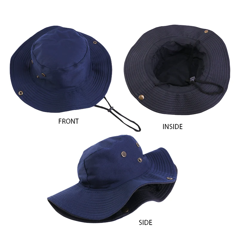 New Plain Cotton Sunshade String Fisherman Hat Outdoor Safari Fishing Hiking Beach Hats Wide Brim Bucket Hat With Rope Sun Cap