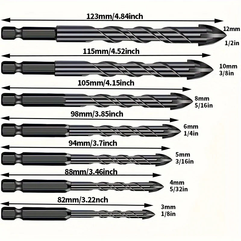 7/6/5/4-teiliges Vierklingen-Kreuzbohrer-Set zum Bohren von Glas, Keramikfliesen und Beton 3-12mm Hartmetall-Bohrer-Set Werkzeuge – Detail 1