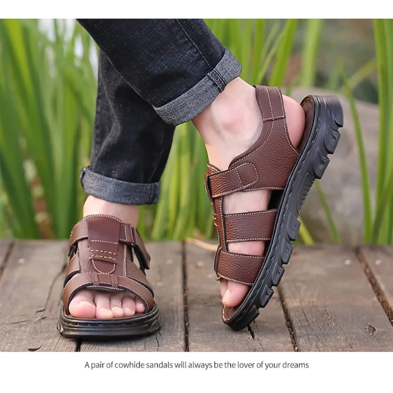 

Cowhide Slippers Outdoor Non-slip Thick-soled Leather Sandals for Me Loveontop Men's New Beach Shoes