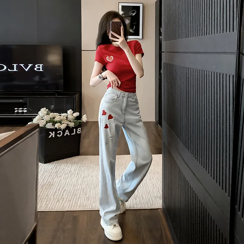 Fashionable Street Blazing Casual Set for Women's Summer New European Fashion Slimming High Straight Leg Jeans Two Piece Set