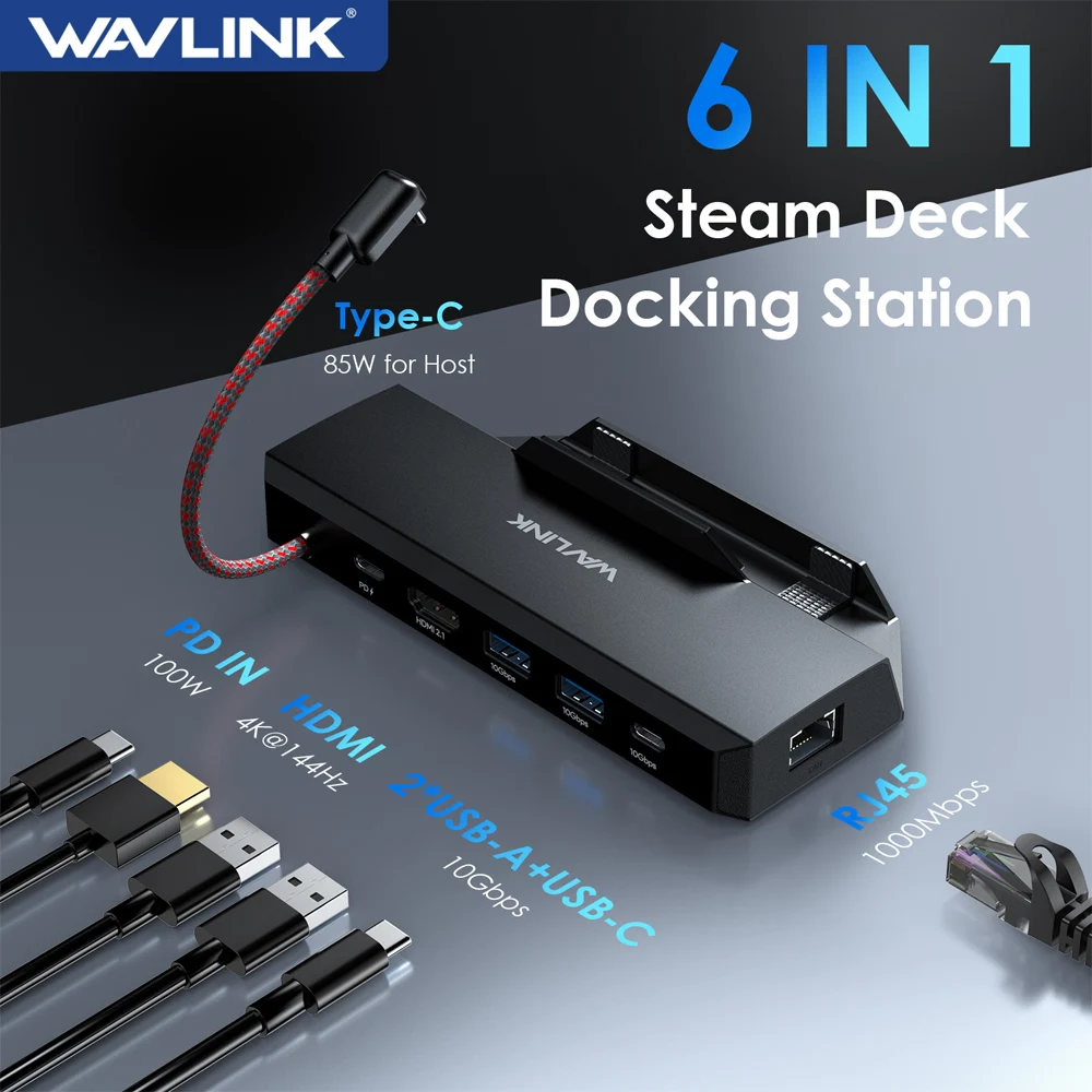 WAVLINK Steam Deck/ROG Dock 6-in-1 Docking Station Steam Dock Accessories with 4K@144Hz/2K@165Hz/1080P@240Hz HDMI 2.0 PD85W RJ45