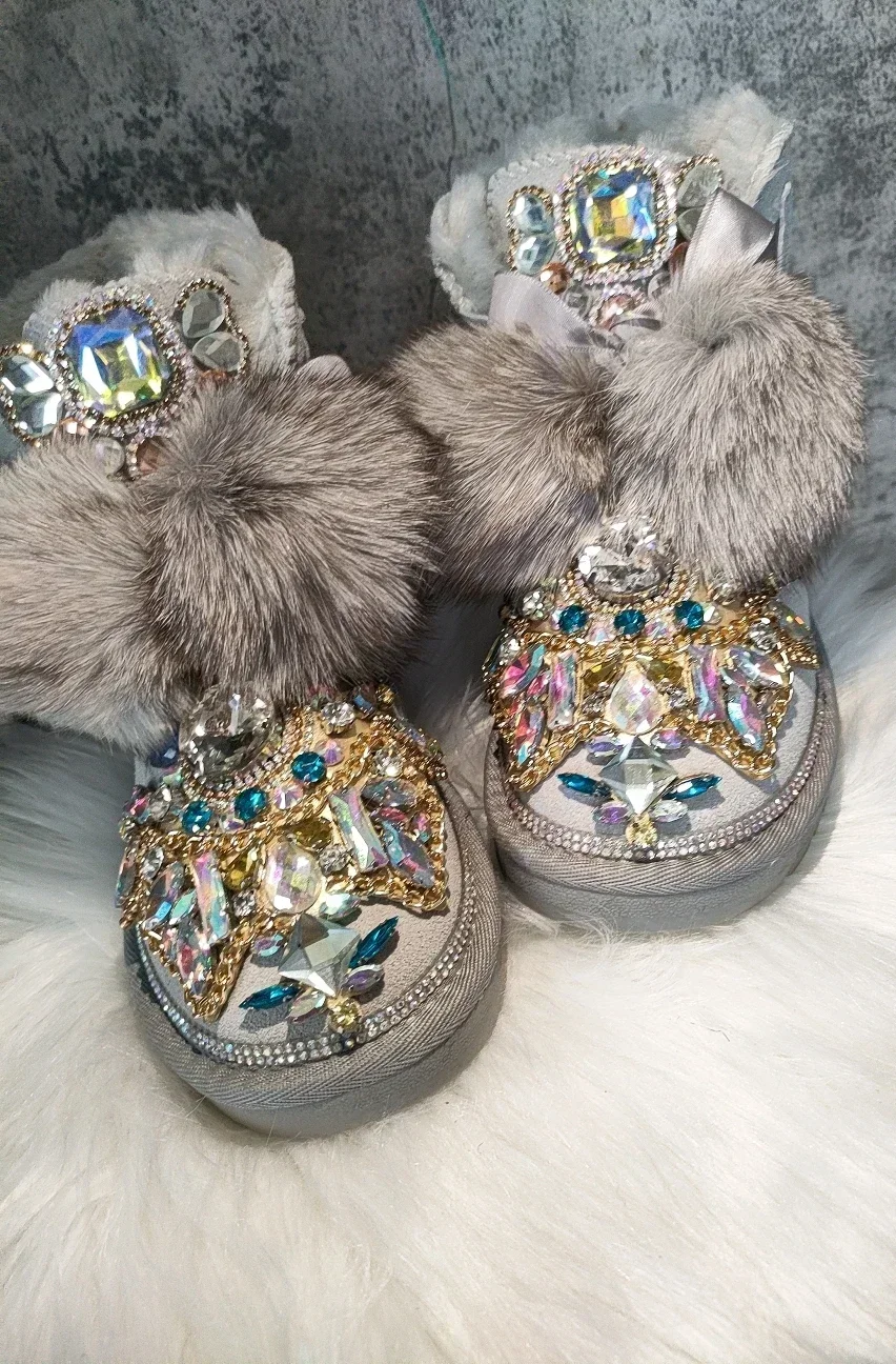 Womens Real Fox Fur Ankle Boots Rhinestones Crystal Lace Up Flats Warm Winter Snow Shoes Thick Gray New 2024