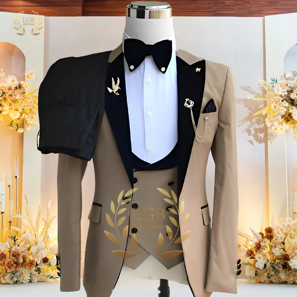 Men's Khaki One Button Suit 3-piece Suit Suitable for Wedding/Party/Banquet Tuxedo Men's Classic Style (Jacket + Vest + Pants)