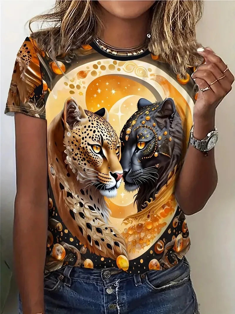 

Летние футболки с леопардовым 3D принтом животных, женская уличная одежда, повседневная модная футболка с короткими рукавами Y2k, футболки с круглым вырезом, большие размеры
