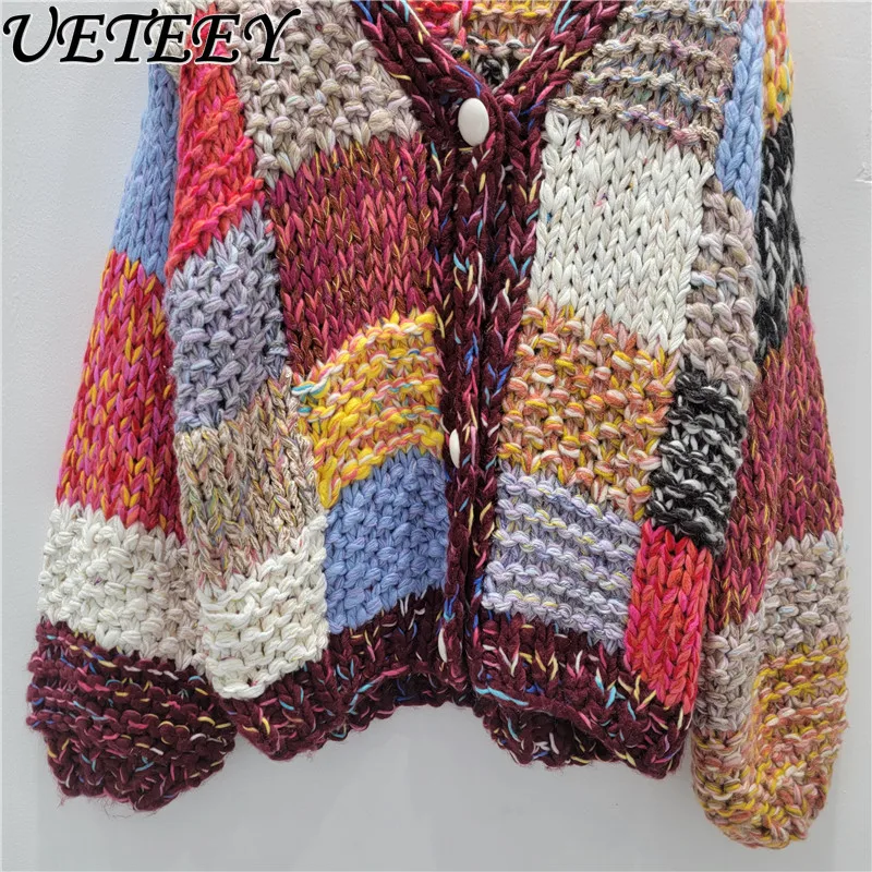 Korean Style Thick Knit Heavy Handmade Sweater Cardigan Autumn Winter New Color Contrast Vintage V-neck Loose Coat Short Top