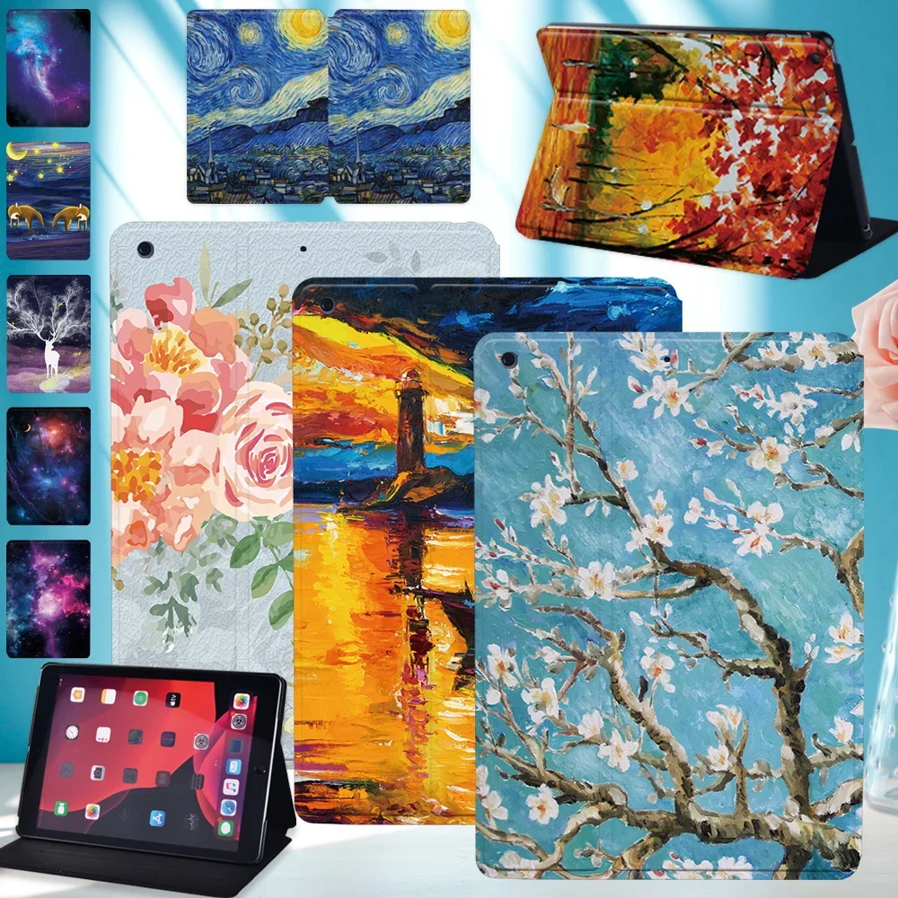 

For Apple IPad 2020 8th 10.2" Oil Painting Print Series Pattern PU Leather Tablet Stand Cover Case + Stylus