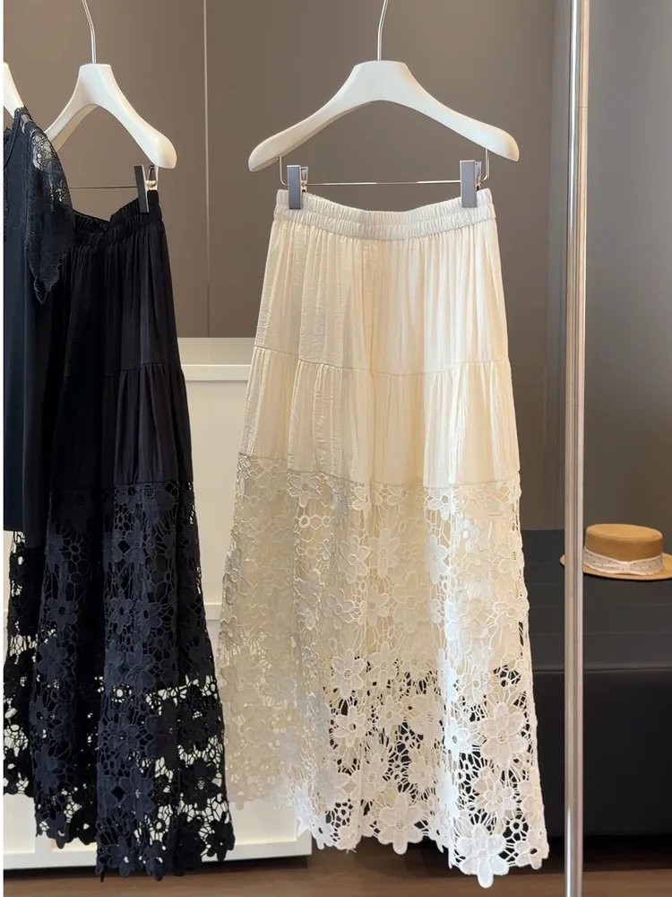 

Новая летняя женская юбка 2026 года с кружевными вставками и вышивкой, универсальная, свободного кроя, А-силуэт, средней длины