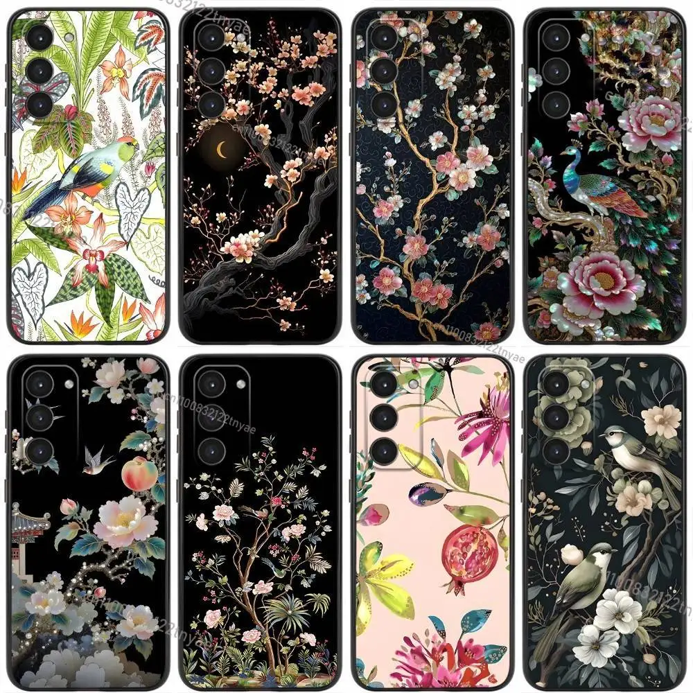 

INS Elegant Floral Bird Botanical Phone Case For Samsung Galaxy A20,21s,22,31,32,52,53,72,73,80,91 Liquid Silicone Black Cover