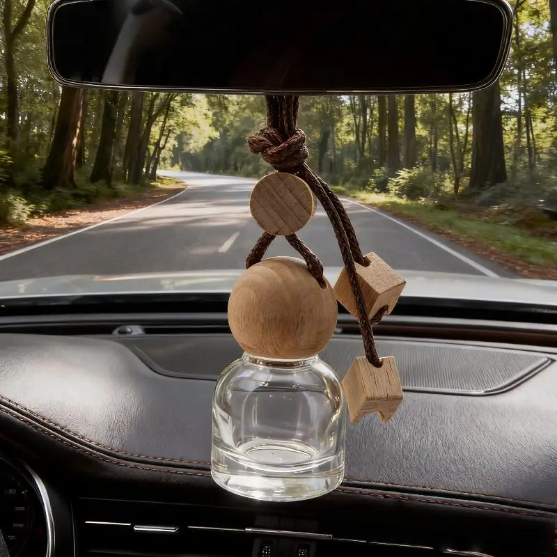 1Pcs Perfume Glass Bottle Empty Car Air Freshener Pendant With Wooden Caps Refillable Car Essential Oil Diffuser Bottle