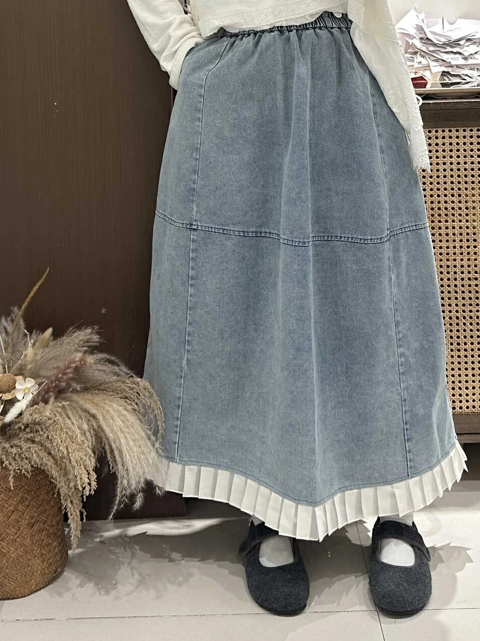 

Модная джинсовая лоскутная женская юбка в стиле ретро с высокой талией, повседневное платье до щиколотки, свободные универсальные юбки трапециевидной формы с узкой талией