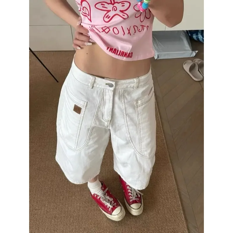 

Summer Women's White Cargo Baggy Denim Shorts Y2K Japanese Harajuku Oversize High Street Aesthetic Vintage Jeans Shorts Clothing