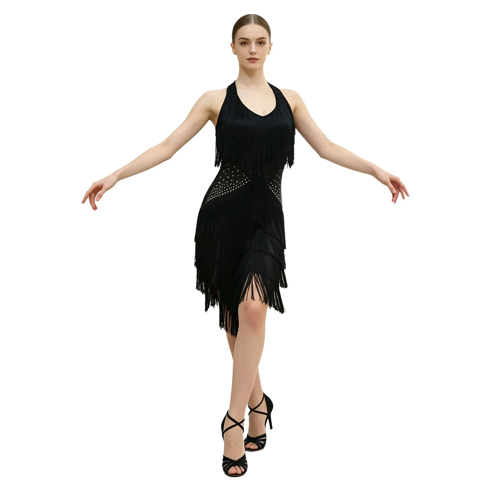 Damen Glitzerndes Strass-Fransen-Latin-Samba-Tanzkleid mit Halter-V-Ausschnitt, Königsblau, Asymmetrischer Quastenrock, Bühnenkostüm – Detail 26