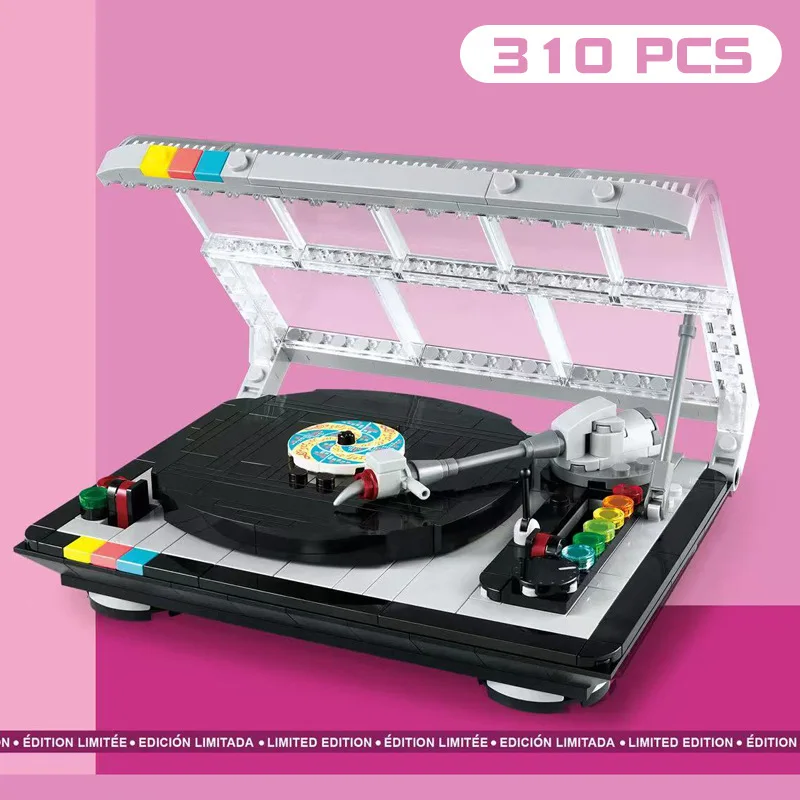 Retro Turntable Constructor Kit - 586-Piece Phonograph Model with Belt-Drive Mechanism & Moving Tonearm, Collector's Display